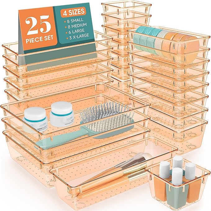 WOWBOX 25 PCS Plastic Drawer Organizer Set, 4 Sizes Desk Drawer Divider Organizers and Storage Bins for Makeup, Jewelry, Gadg