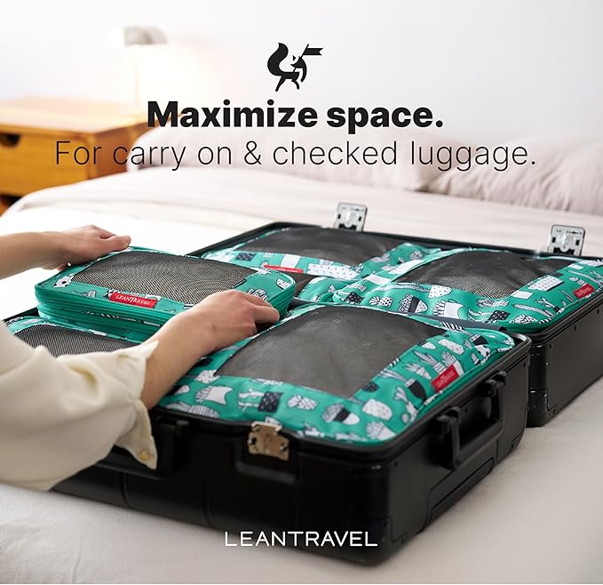 LeanTravel Premium Compression Packing Cubes for Travel - Suitcase Organizer Bags with Double Zipper & Breathable Mesh Panel 
