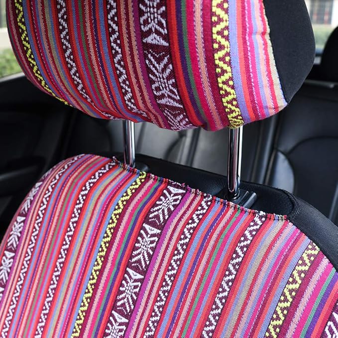 Pink Car Seat Cover Hippie Boho 4PCS Cute Western Accesories for Women Girls' GIF, Automotive Interior Covers Stripe Multi-Co
