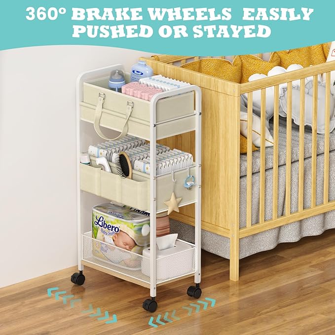 2In1 Baby Diaper Caddy & 3-Tier Rolling Cart, Diaper Caddy Organizer Carts with Dividers, Mobile Metal Utility Cart for Nurse