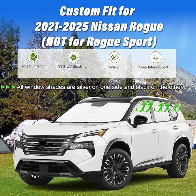 KMF Thicken Sun Shades for Nissan Rogue(Not Sport) 2021-2025 Accessories, Full Car Window Covers Sunshade for Windshield Side Rear, UV Block and Blackout Protect Privacy for Car Camping Outdoor 8pcs