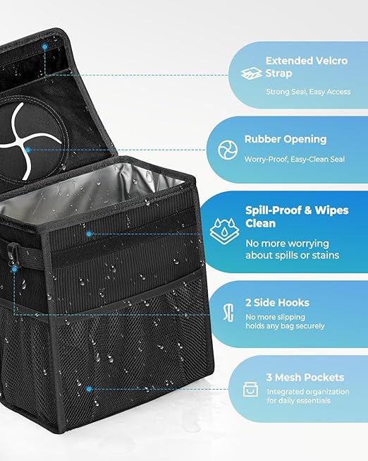 Corduroy Car Trash Can with Lid and Mesh Pockets - Leakproof Organizer,Multipurpose Waterproof Garbage Can/Trash Bin for Car(Black-3 Gallons)
