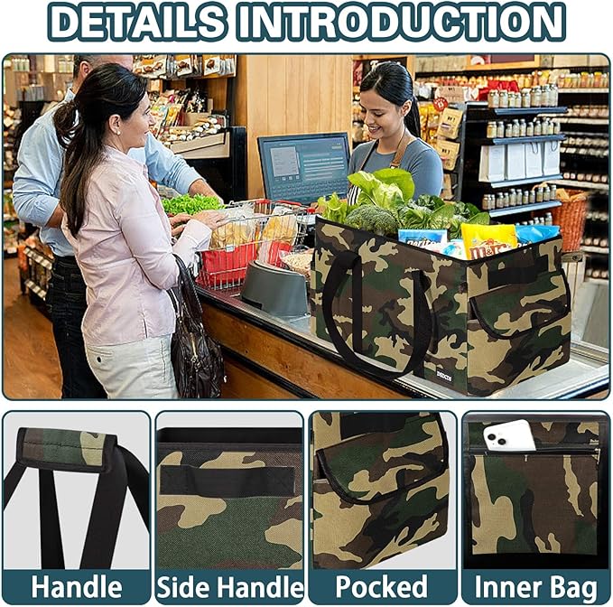 Sturdy Extra Large Utility Tote Bag with Hard Bottom & Sides, Heavy Duty Grocery Tote Bag, Thirty One Utility Tote with Handles for Shopping, Beach, Picnics, Camping, Car (22.5"x11"x12", Camo)