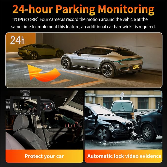 4 Channel Dash Cam 360° View, TOPGOOSE 2K Front and Rear Inside, Left Right Dash Camera for Cars, 8 IR Lamps Night Vision, 5G