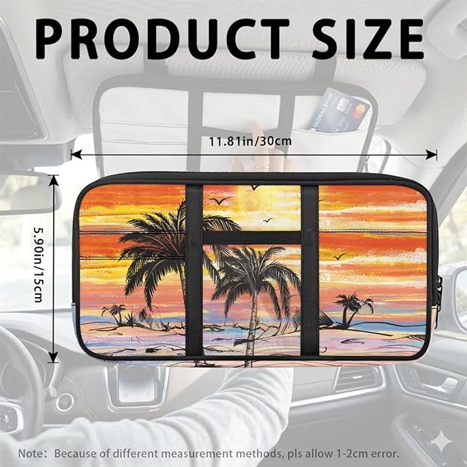 Sunset Palm Trees Car Sun Visor Organizer Anti Slip Car Sun Visor Storage Bag Easy to Store Cars Accessories Keep Tidy Universal for SUV Truck Van