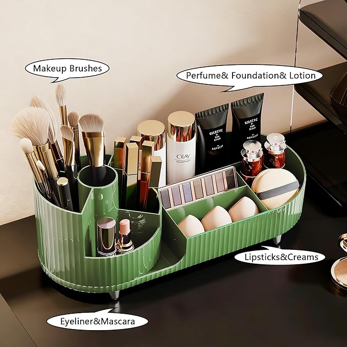 Rotating Makeup Organizer for Vanity with Brush Holder, Cosmetic Makeup Storage Organizer, Large Spinning Makeup Skincare Org