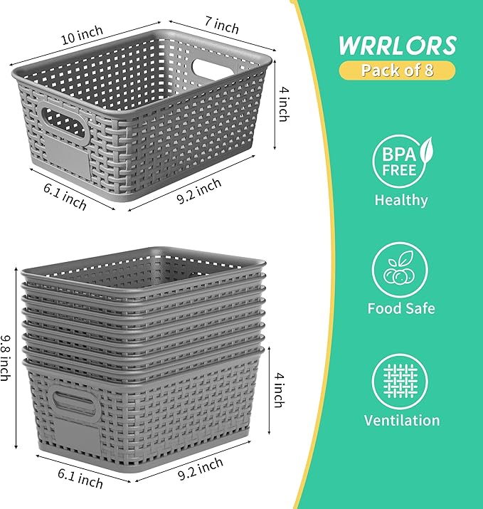 8-Pack Grey Plastic Storage Baskets with Lids, Label Organizers, Stackable Organizer Containers: For Organizing Shelves, Draw