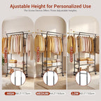 Clothes Rack with 3-Level Height Adjustment - Double Rod Extendable Hanging Rails with Wooden Finials, Luxury 2-Tier Metal St