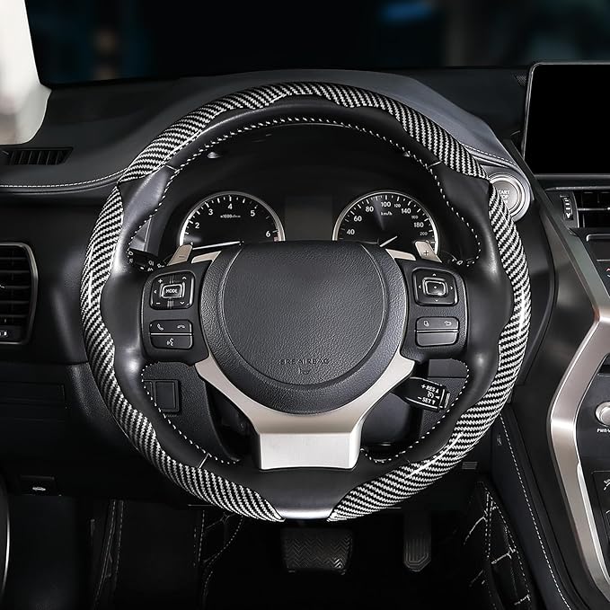 Car Steering Wheel Cover, 3 Piece Bright Carbon Fiber Steering Wheel Covers, Non-Slip Steering Wheel Cover Protector, Great Grip, Universal Car Accessories Decoration for 14.5-15 inch (Silver)