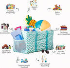Extra Large Utility Tote Bag - Oversized Collapsible Reusable Wire Frame Rectangular Canvas Basket With Two Exterior Pockets For Beach, Pool, Laundry, Car Trunk, Storage - Geometric Teal