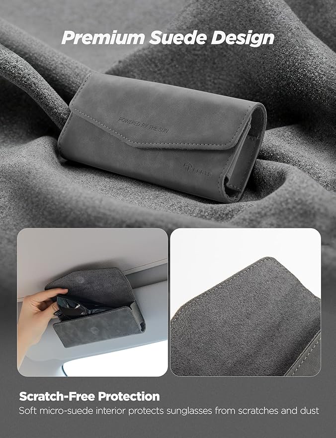 TPARTS Suede Sunglasses Holder for Tesla Sun Visor, Magnetic Glasses Protective Storage Case Vehicle Visor Organizer Box Tesla Interior Accessories (Gray Micro-suede)