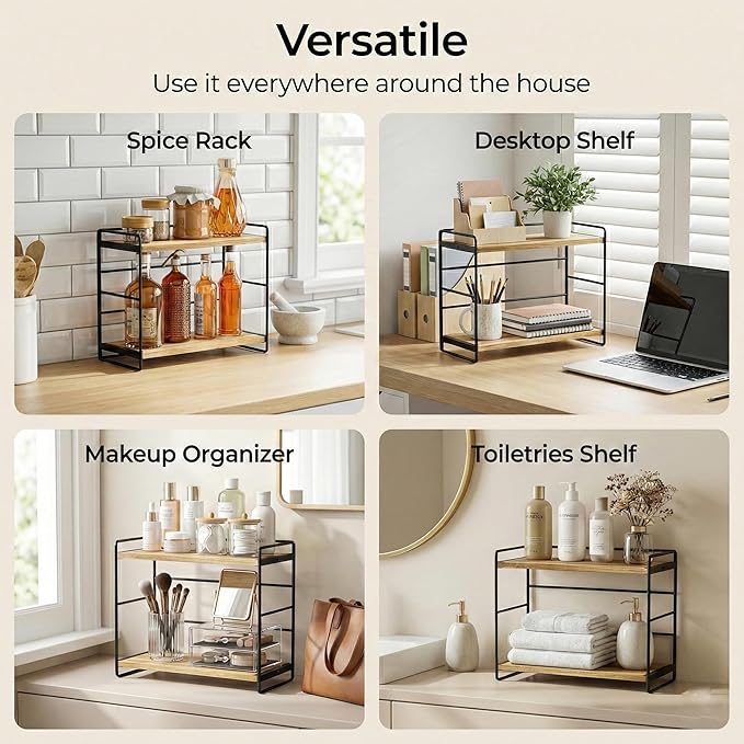 SRIWATANA 2 Pack Bathroom Counter Organizer, 2 Tier Countertop Organizers, Kitchen Counter Shelf Spice Rack Countertop Storag