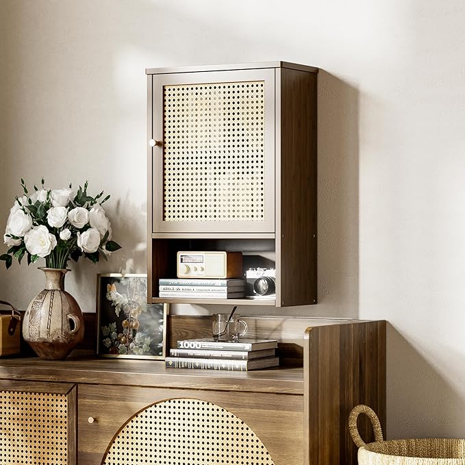 HITNET Bathroom Cabinet Wall Mounted, Medicine Cabinet with Single Rattan Door, Bamboo Hanging Storage Organizer Over Toilet,