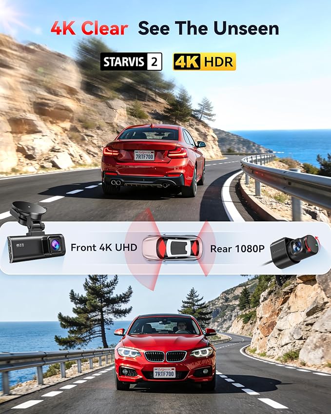 REDTIGER Dash Cam 4K Front and 1080P Rear, STARVIS 2 Sensor, 5.8GHz WiFi (20MB/s), GPS, WDR & HDR Night Vision, 170°Wide Angl
