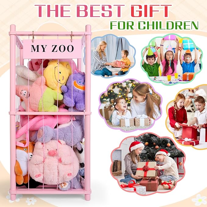 GLDZI Stuffed Animal Storage Zoo, Wooden Stuffed Animal Organizer with Elastic Cords for Boys Girls, Space Saving Toy Plushie