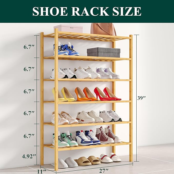 Smiry Shoe Rack, 6 Tier Bamboo Shoe Organizer, Stackable Free Standing Wooden Shoe Storage Shelf for Closet, Entryway, Front 