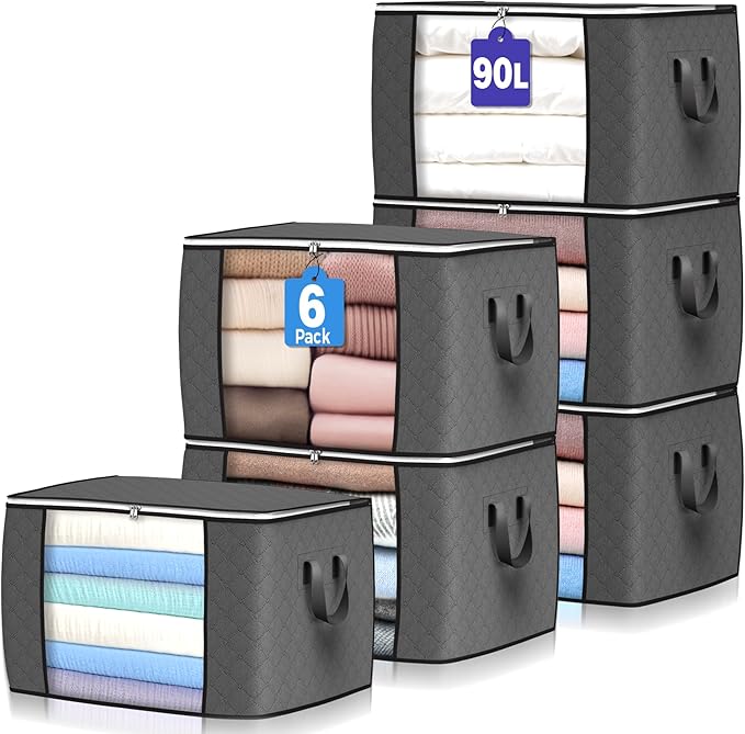 90 L Large Storage Bags, 6 Pack Clothes Storage Bins Foldable Closet Organizers Storage Containers with Reinforced Handle for