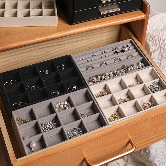 Frebeauty Jewelry Organizer Tray,Stackable Velvet Jewelry Trays,Drawer Inserts Earring Organizer For Women Jewelry Storage Di