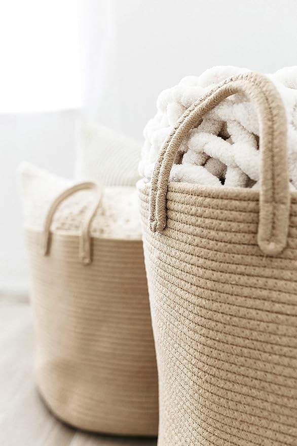OrganiHaus Large Woven Laundry Basket w/Handles 52L, Rope Dirty Clothes Hamper, Blanket Basket for Living Room, Baby Laundry 