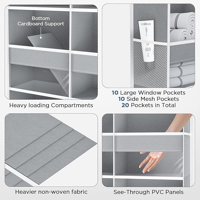 2 Pack 5-Tier Over The Door Organizer with 10 Side Mesh Pockets & Clear Windows, 80 lbs Weight Capacity Hanging Storage for B