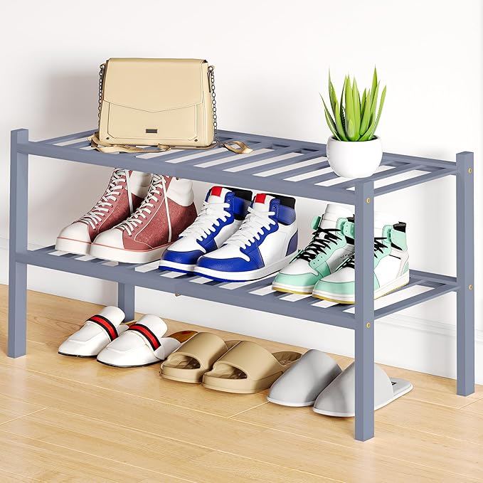 Smiry Shoe Rack, 2 Tier Bamboo Shoe Organizer, Stackable Free Standing Wooden Shoe Storage Shelf for Closet, Entryway, Front 