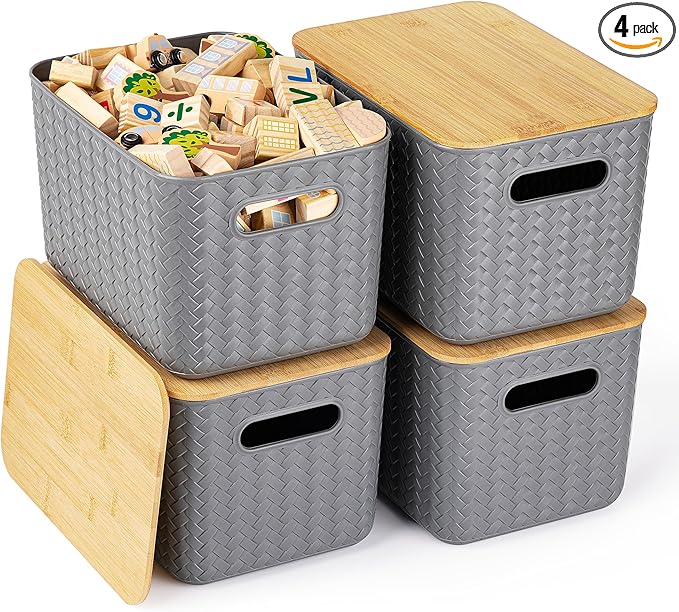 Ohmlove 4 Packs Storage Bins with Bamboo Lids - Plastic Storage Containers with Lids Stackable Storage Box：Storage Baskets fo