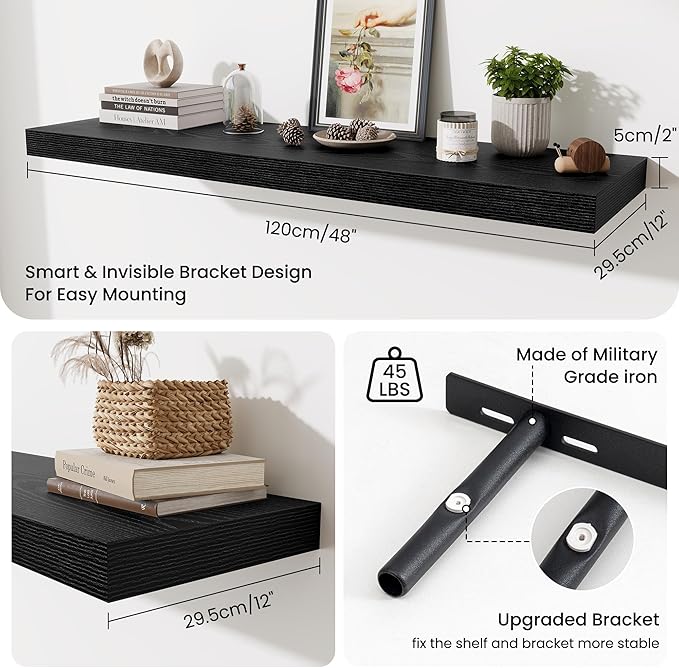 Fun Memories 48 Inch Floating Shelves for Wall - 12 Inch Deep Fireplace Mantel Shelf - Wood Floating Shelf for Wall - Large S