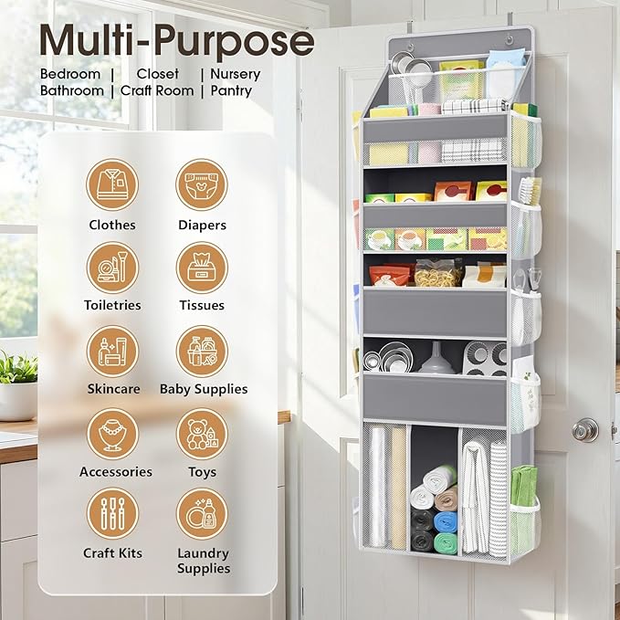 WISELIFE 5-Tier Over the Door Organizer for Hanging - 50LB Heavy-Duty Back of Door Organizer with 5 Spacious Pockets & 13 Mes