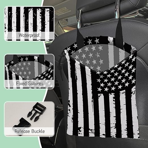 Retro American Flag Car Trash Bag,Hanging Drawstring Car Garbage Bag,Waterproof Canvas Car Back Seat Organizer with Adjustable Buckle,for Vehicles,SUVs,Camping,Road Trips