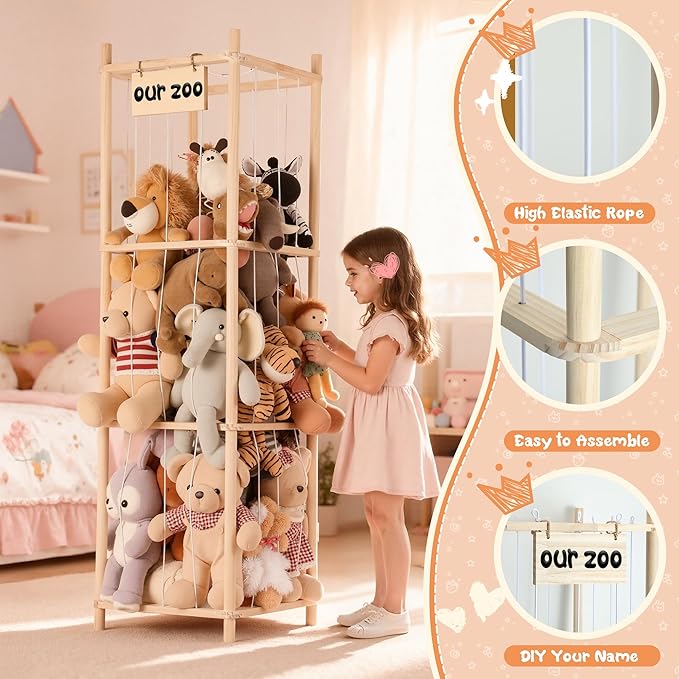 LAMU Stuffed Animal Storage, Wooden Zoo Stuffed Animal Holder with Elastic Cords, Space Save Toy Organizer, Extra Large Capac