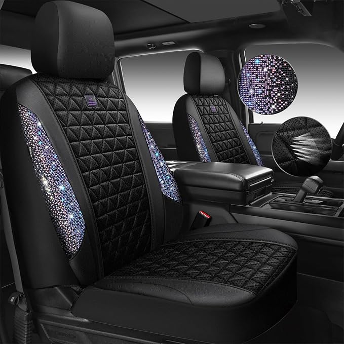 CAR PASS Bling Diamond Air Mesh Seat Cover Front Seats,Leather Seat Covers for Car Shining Glitter Sparkly,Automotive seat co