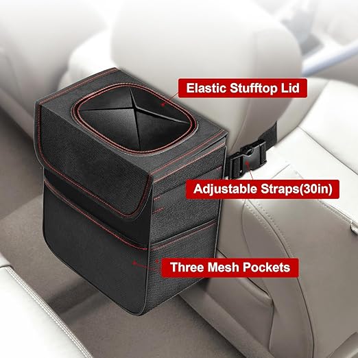 Simple Deluxe Car Trash Can With Lid, Storage Pockets, Leak-Proof Garbage Container, Adjustable Straps, Waterproof, Portable, Collapsible, 2 Gallon, Black