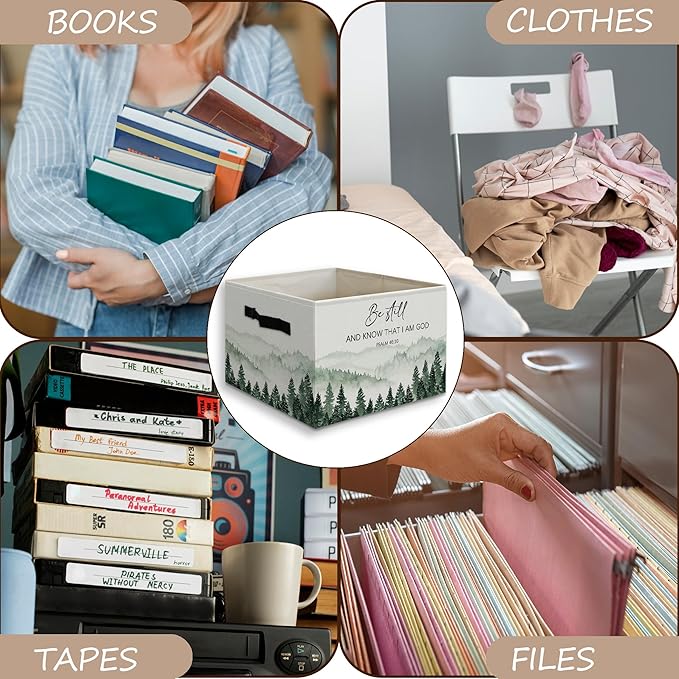 Forest Christian Basket Foldable Storage Bins Box with Handles, Be Still and Know That I Am God Bible Verse Religious Collaps