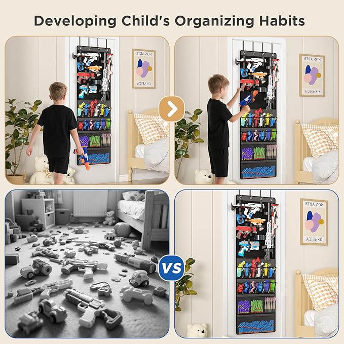 Mefirt Over The Door Organizer for Toy Guns, Toys Storage Door Hanger with Pockets and Slots for Kids Foam Blasters, Darts, G