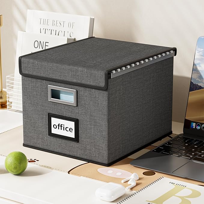 Huolewa File Organizer Boxes with Lids, Linen Office Document Storage Boxes, Filing Boxes, Decorative Small File Boxes for Ha