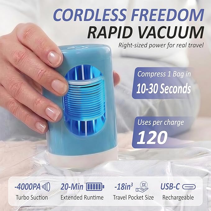 Cozy Essential Travel Vacuum Storage Bags with Rechargeable Cordless USB Pump, Space Saver Bags for Luggage, Suitcase, Carry-