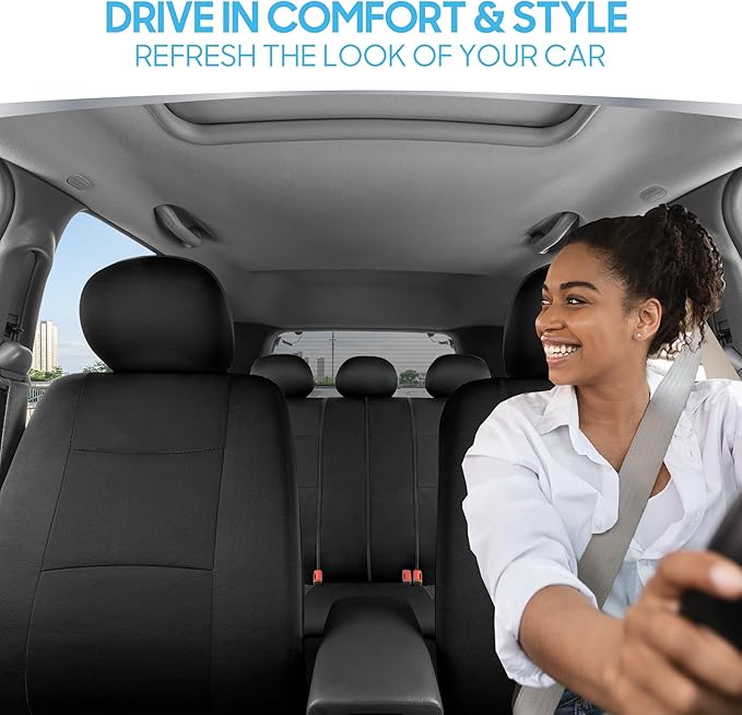 BDK PolyPro Car Seat Covers Full Set in Solid Black – Front and Rear Split Bench Seat Covers for Cars, Easy to Install Car Se