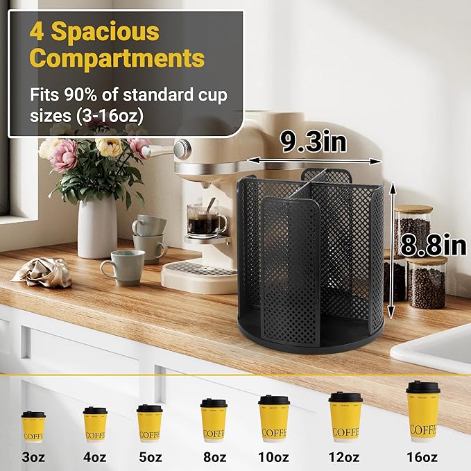 4-Compartment Rotating Paper Cup Holder & Coffee Cup Lid Storage Dispenser, Plastic Cup Dispenser Removable, Space-Saving Cou