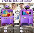 Car Seat Back Organizer Table Tray, Car Seat Storage Organizer for Kids with Foldable Tablet Holder, 6 Storage Pockets Kick Mats 600D Oxford, 2 Pack Purple