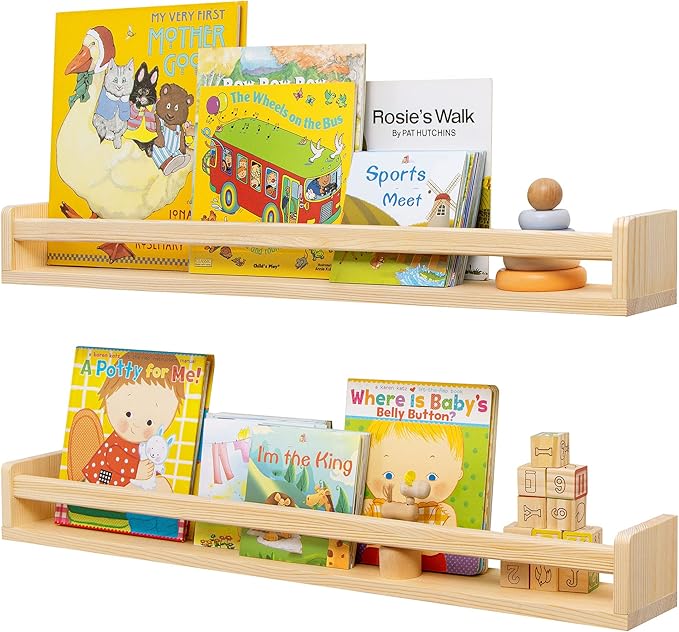 Fun Memories Nursery Book Shelves - Rustic Natural Solid Wood Floating Bookshelf for Kids - Wall Book Shelves for Kids Room (