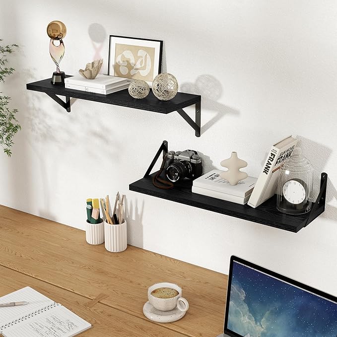 Floating Shelves, 8 Inch Deep Rustic Wood Wall Storage, 24W x 8D Wall Shelves Set of 2, Heavy Duty Metal Brackets, Industrial