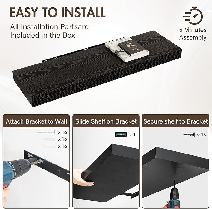 40 Inch Floating Shelves, 12" Deep Floating Shelf Wall Mounted, 40" Wall Shelves, Rustic Deep Bookshelf, Extra Deeper & Thick