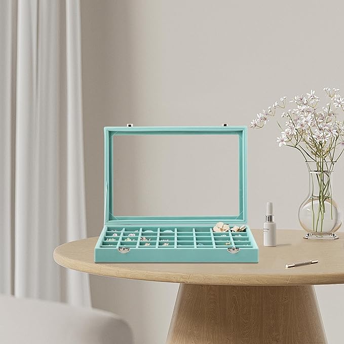 Frebeauty 40 Grid Jewelry Tray,Adjustable Earring Holder Organizer with Glass Lid,Velvet Drawer Jewelry Organizer for Rings,S
