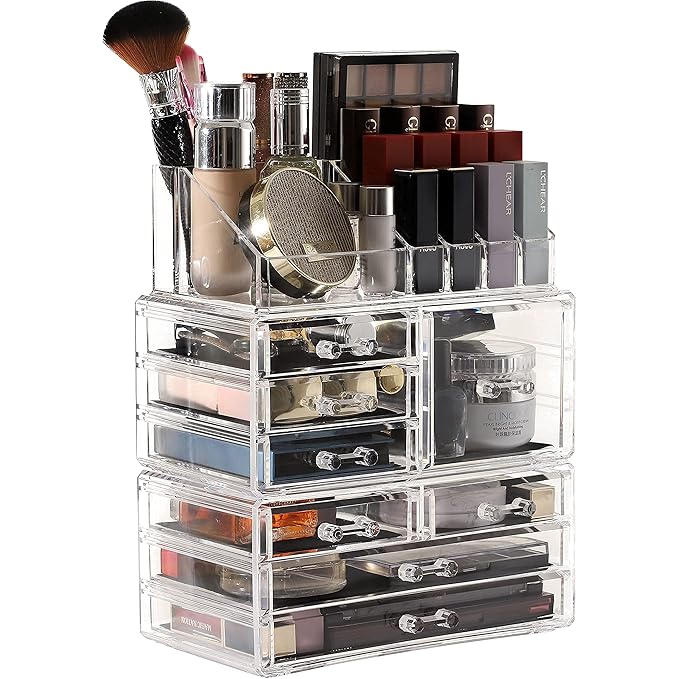 Cq acrylic 3 Pack Clear Makeup Organizer for Vanity,Countertop,Stackable 8 Drawers Cosmetic Storage for Hair Clip,Jewelry,Lip