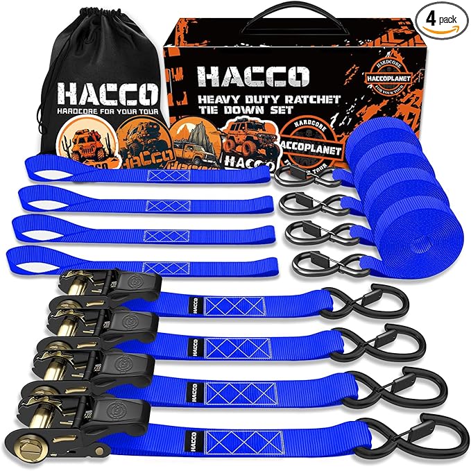 Ratchet Tie Down Straps, 2340lb Break Strength, 4pc 1inch x 16FT Ratchet Strap Set with Padded Handles & Coated S Hook W/Safety Clip, Cargo Strap Tie-Down for Motorcycle, Truck (Blue)