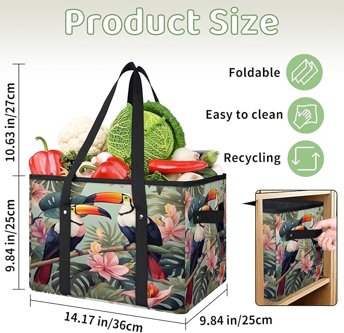 Reusable Grocery Bags Heavy Duty Shopping Bags Foldable Large Tote Bags with Long Handles & Hard Bottom