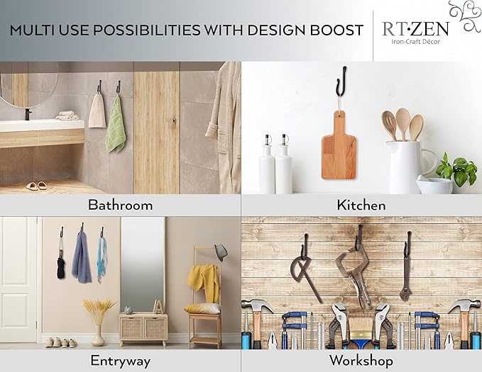 RTZEN Wall Mount Hook Set - Wrought Iron Decorative Rustic Metal Coat Hooks for Hanging - Handcrafted Classic Farmhouse Wall 