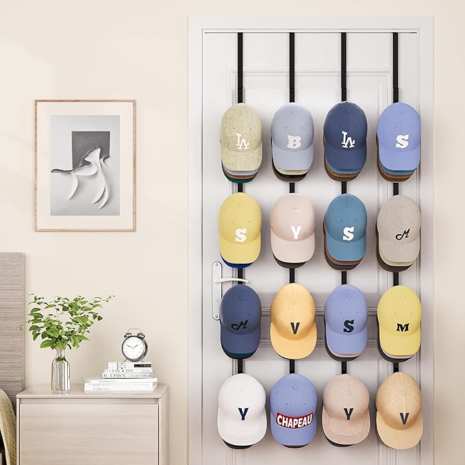 SWTYMIKI Over Door Hat Rack - 4 Packs Metal Hanging Hat Organizer with 16 Hooks Design, Baseball Cap Hanger Organizer Storage