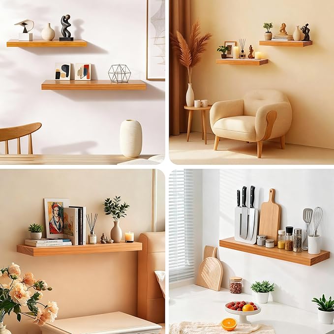 Floating Shelves for Wall 16 Inch Solid Real Wood Shelves Set of 2 Rustic Farmhouse Wall Mounted Wood Shelf for Bedroom Livin