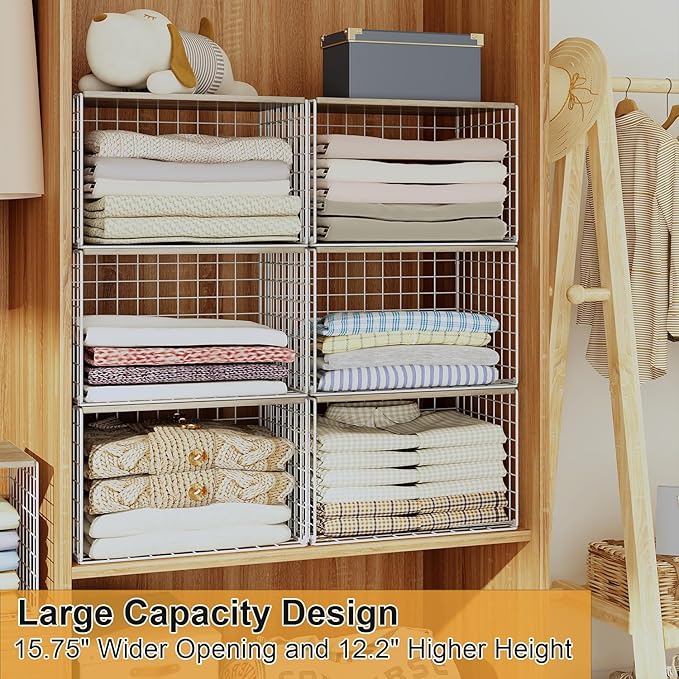 6 Pack Closet Organizers And Storage, Stackable Closet Shelf Organizer Storage Bin Basket For Clothes Sweaters With Top Board